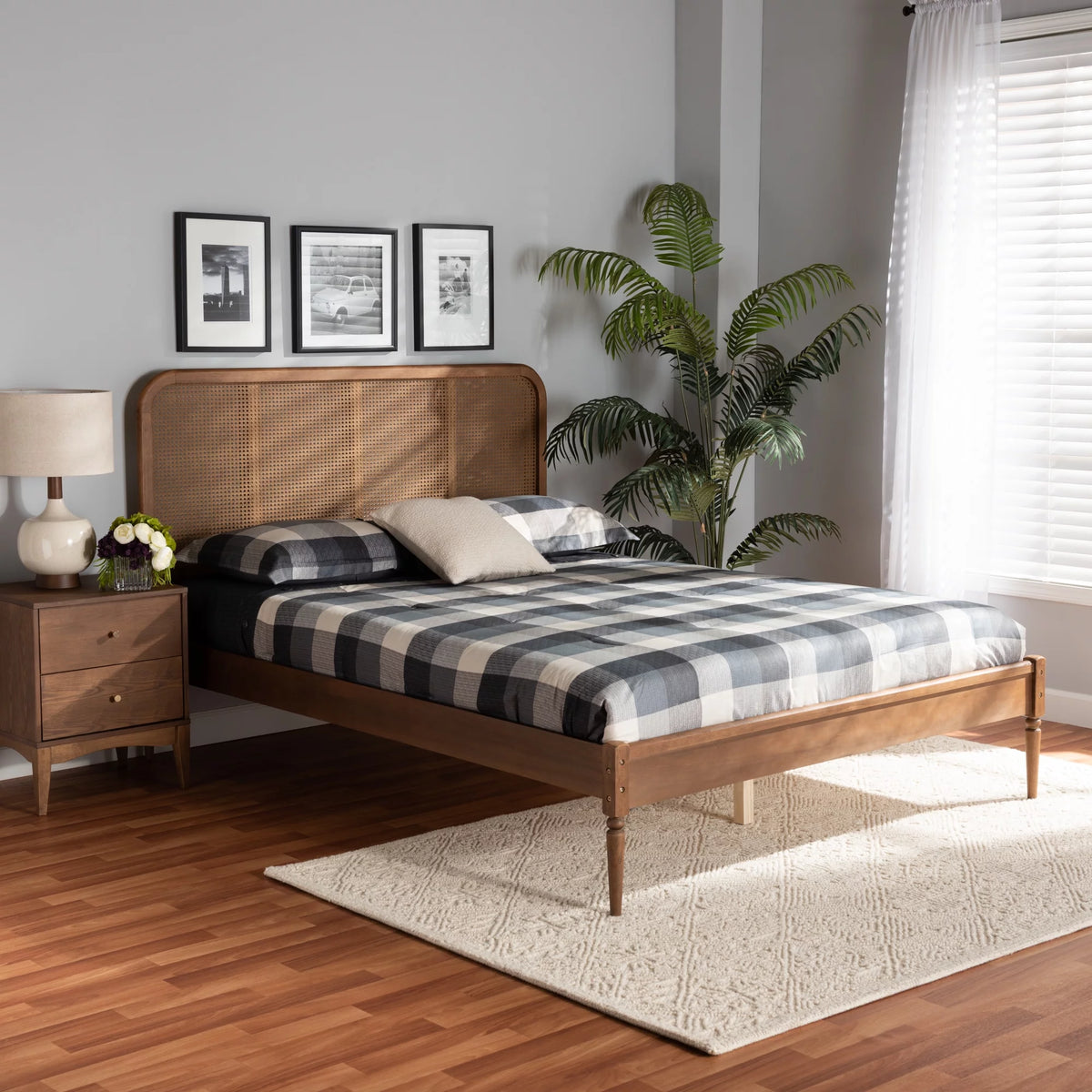 Walnut Brown Wood and Synthetic Rattan Queen Size Platform Bed A389659