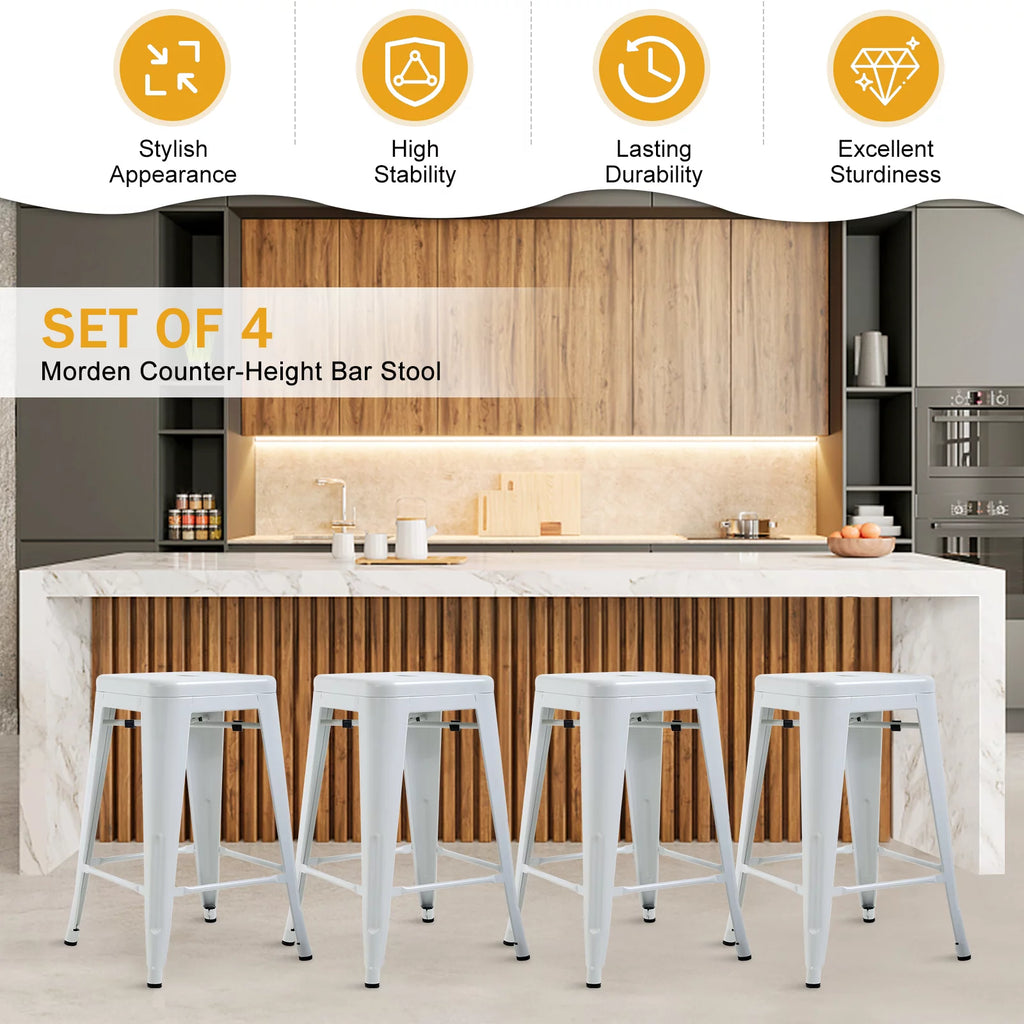 Metal Bar Stools Set of 4, 24 inch White Stackable Backless Counter Height C782876