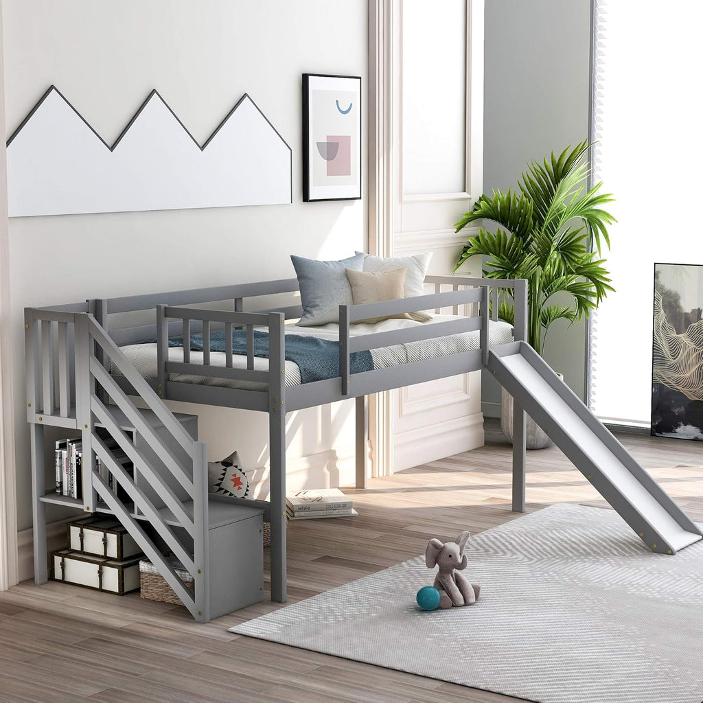Twin Size Low Loft Bed with Slide, Storage Staircase, Safety Guardrails, Solid Pine Wood Bedframe, White E5527