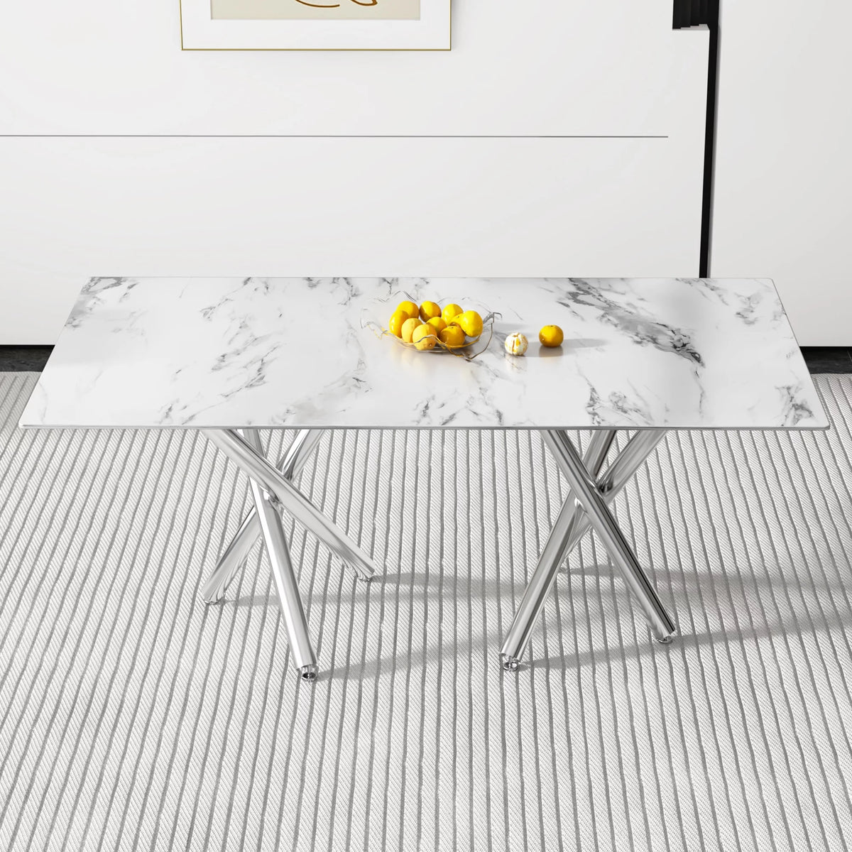 Rectangular Glass Dining Table for 6-8 People with Tempered Glass Top and Silver Metal Legs E722750