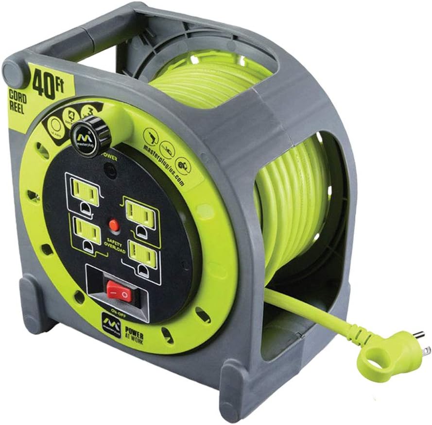 Heavy Duty Metal Cord Reel with 4 Outlets and 12 Gauge Cord (100ft) V567
