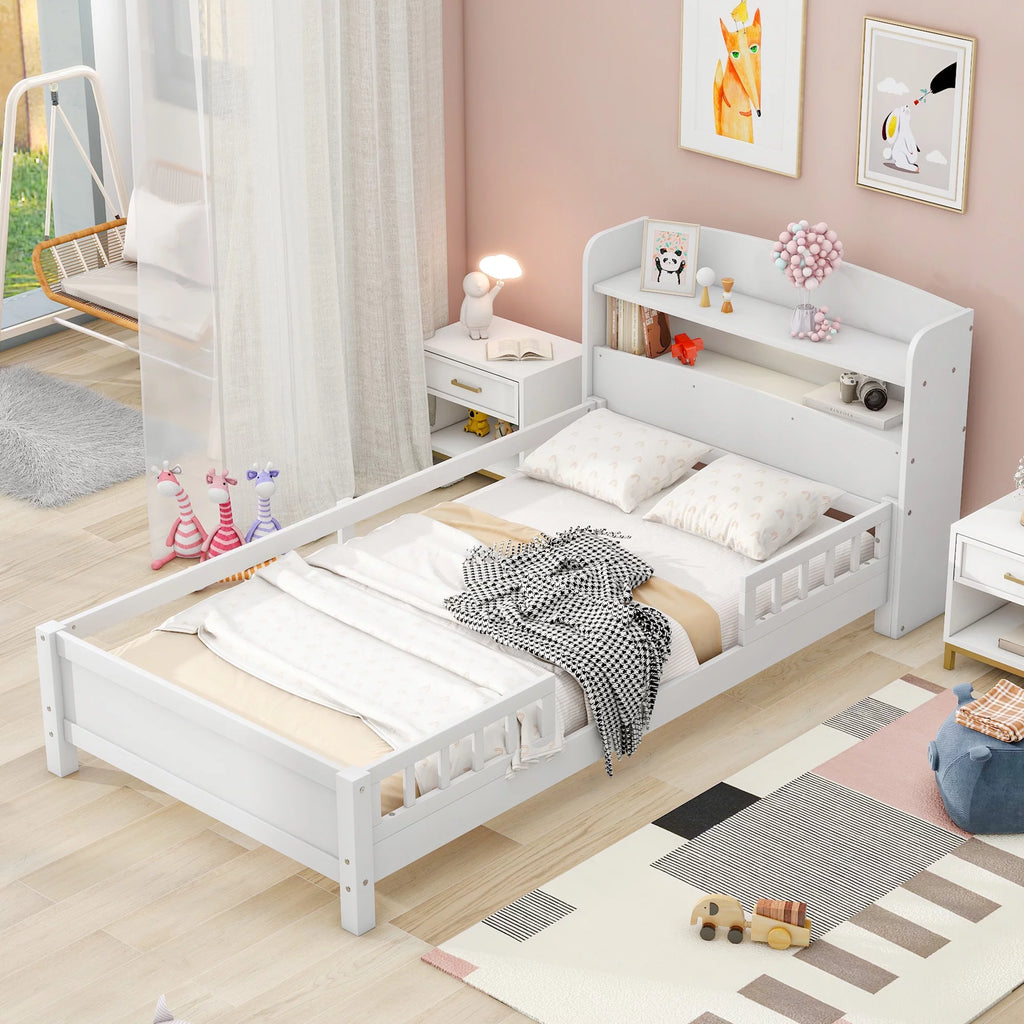 Twin Size Wood Platform Bed with Storage Headboard and Guardrail T152416