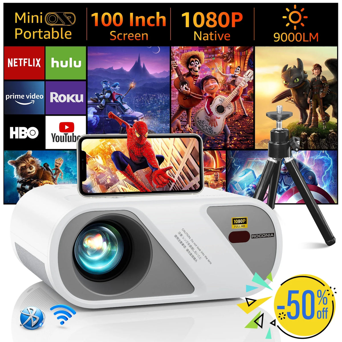 5G Wifi Mini Projector with 100 Projector Screen, Full HD 1080P, Black Q4319