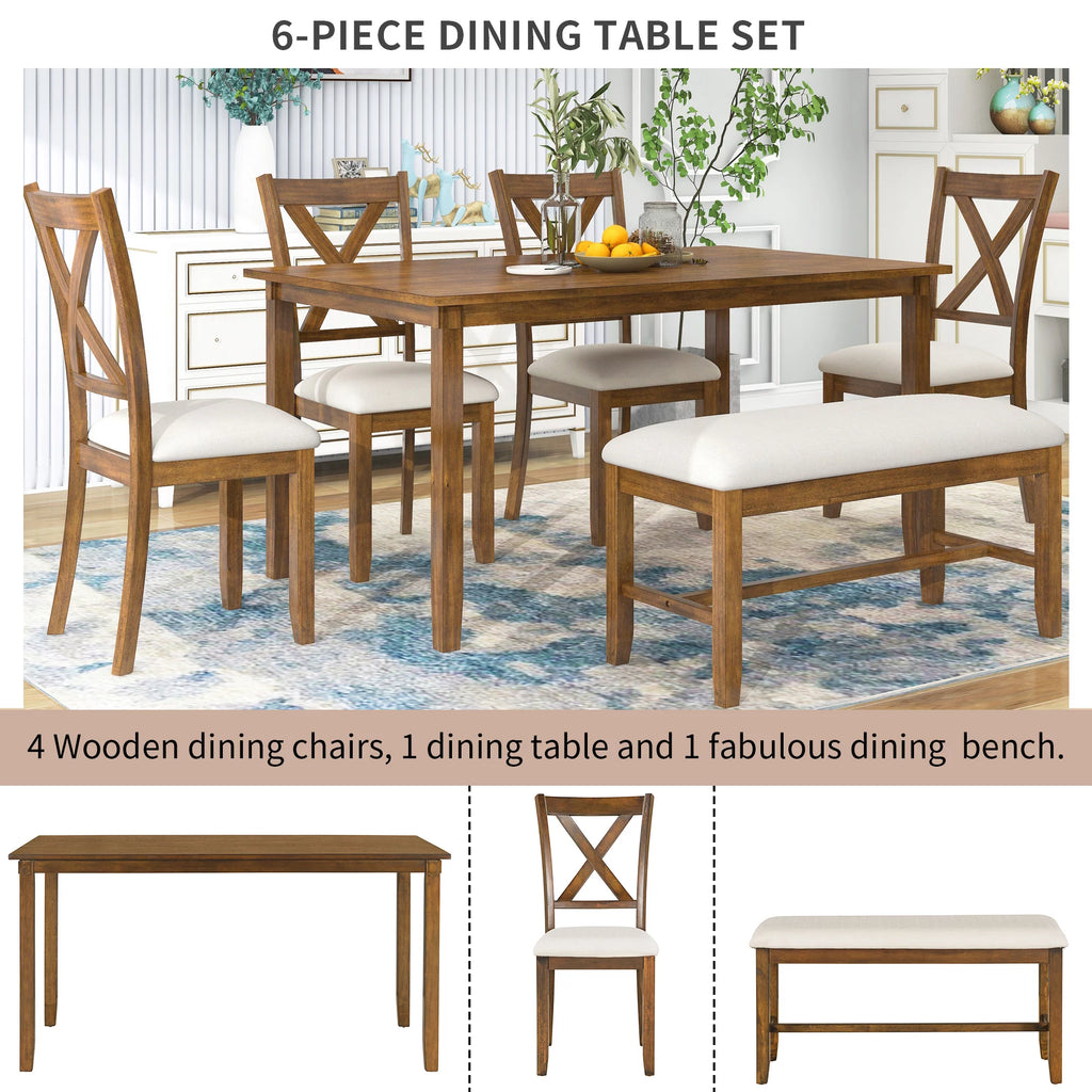 6-Piece Wooden Dining Table Set with 4 Chairs and Bench S80421