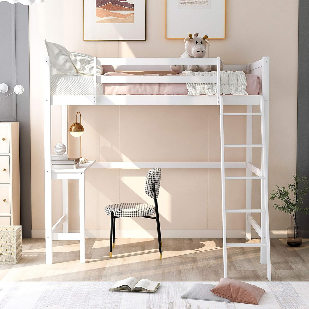 Twin Size Low Loft Bed with Slide, Storage Staircase, Safety Guardrails, Solid Pine Wood Bedframe, White E5527