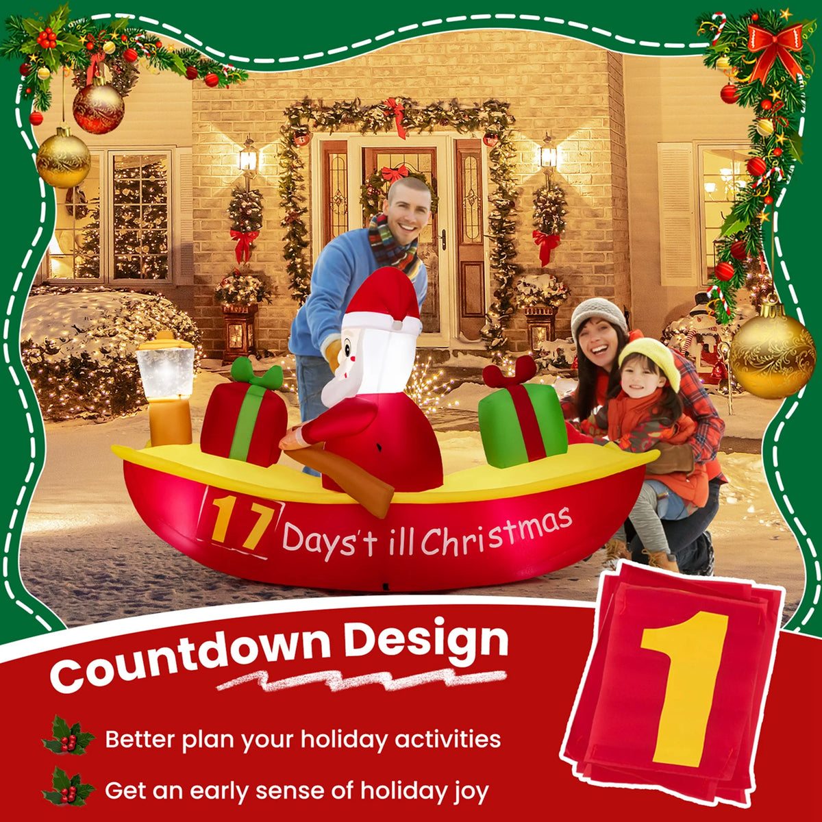 7 FT Christmas Inflatable Santa Claus Rowing Boat with Navigation Light N186860