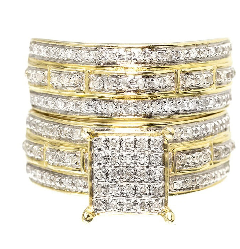 10k Yellow Gold Pave Diamond Trio Wedding Engagement Ring Set 1.0ct M63700