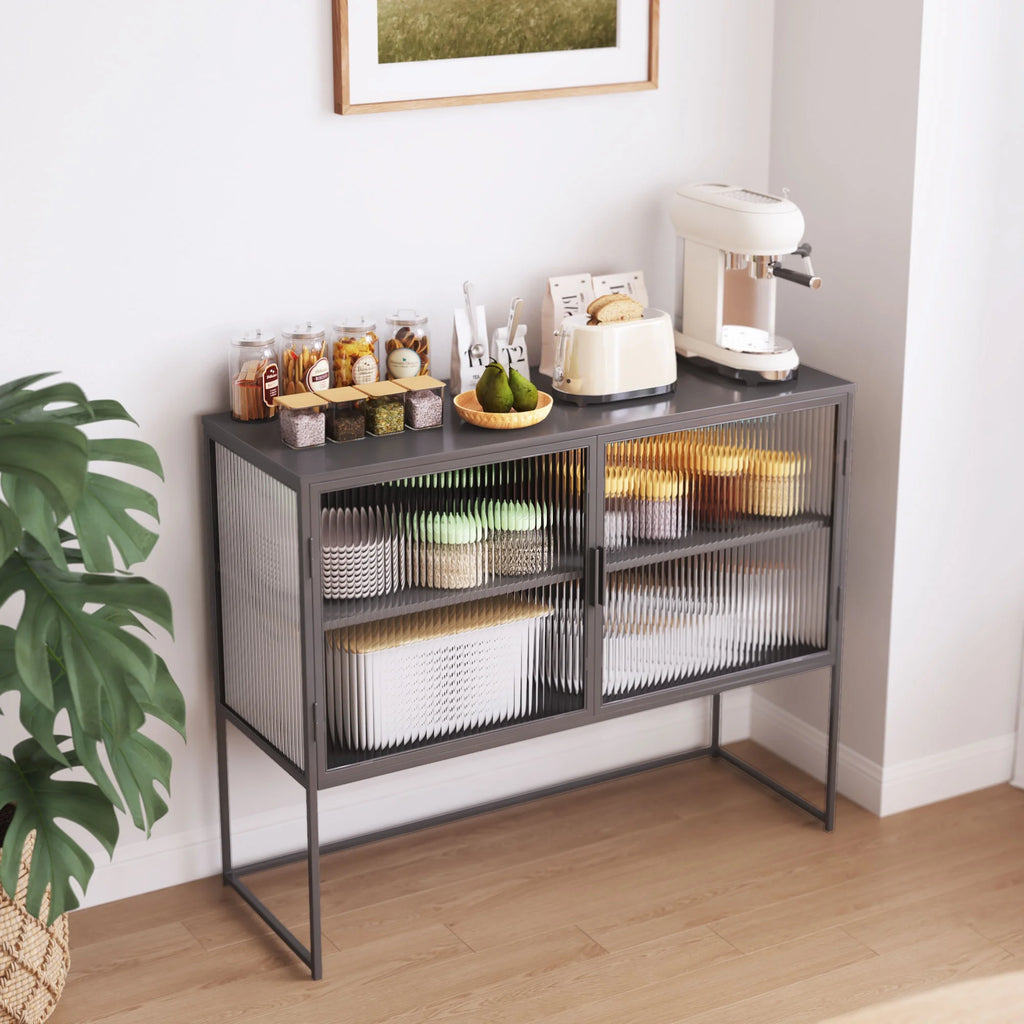 Gray Fluted Glass Sideboard Storage Cabinet Console Table N2451
