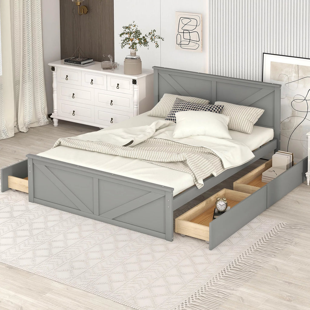 Wood Queen Bed Frame with 4 Storage Drawers Y7370