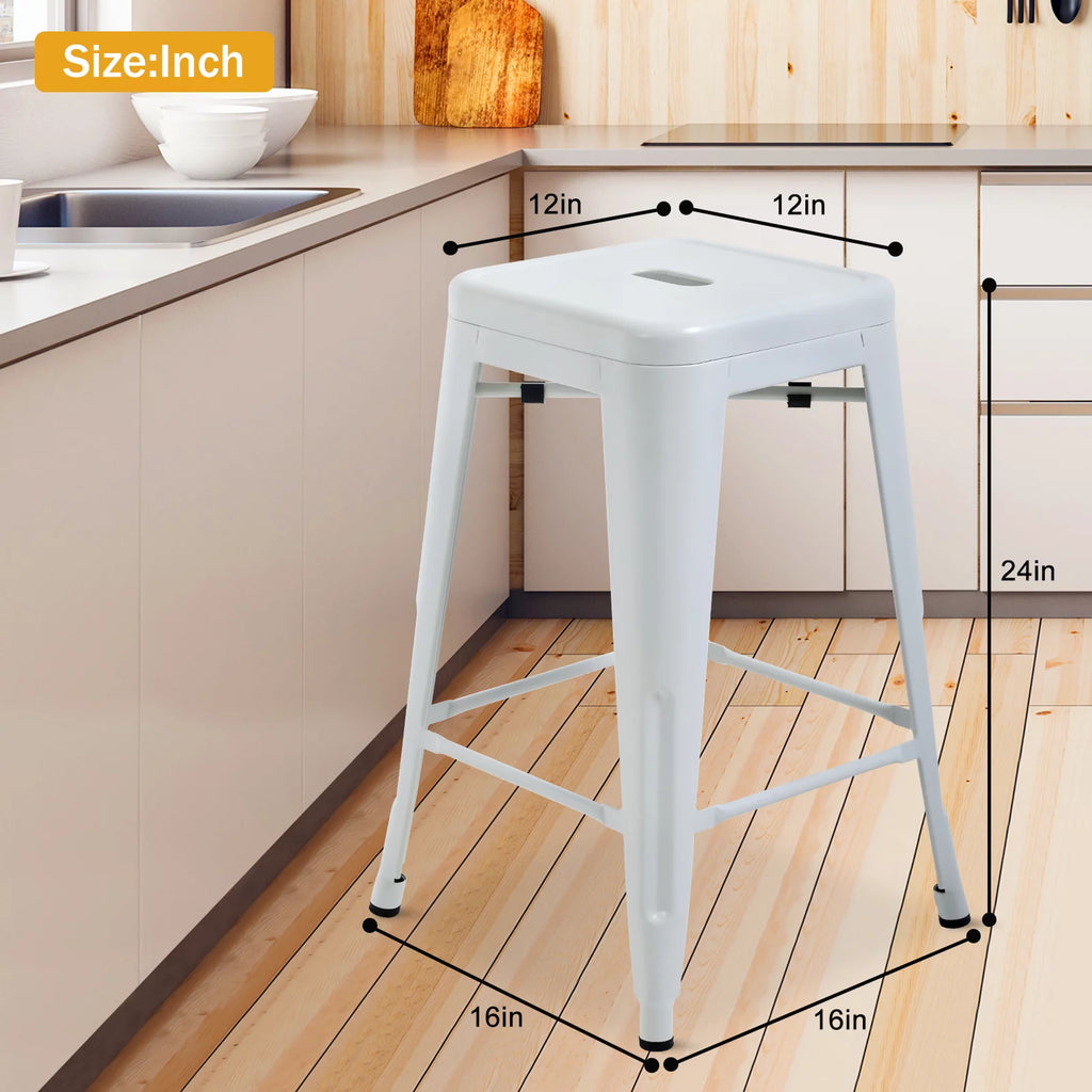 Metal Bar Stools Set of 4, 24 inch White Stackable Backless Counter Height C782876
