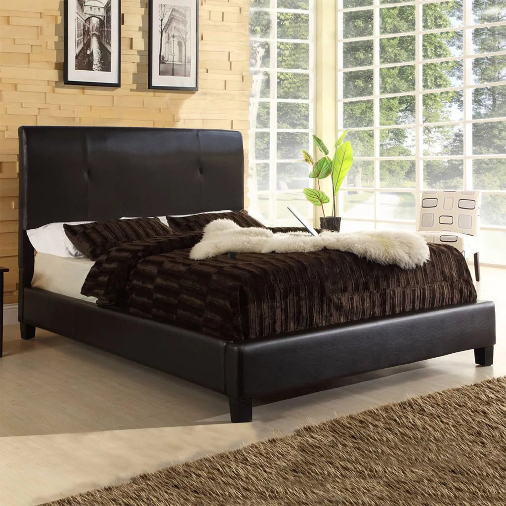 Queen Panel Bed Dark Brown Faux Leather E58483