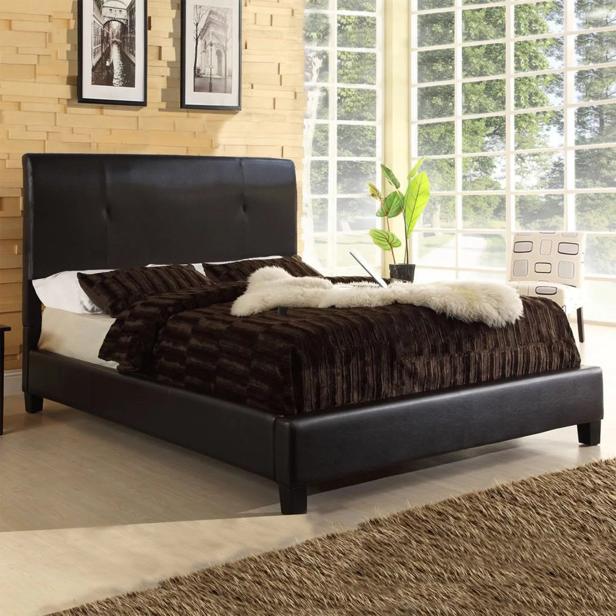 Queen Panel Bed Dark Brown Faux Leather E58483
