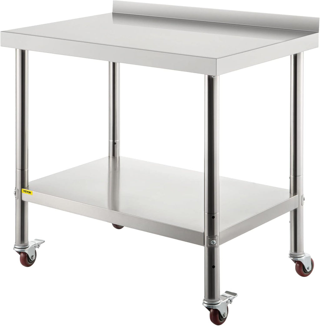 Stainless Steel Prep Table, 30 x 24 x 35 Inch, 440lbs Load Capacity, with Backsplash, Adjustable Undershelf & 4 Casters W632454