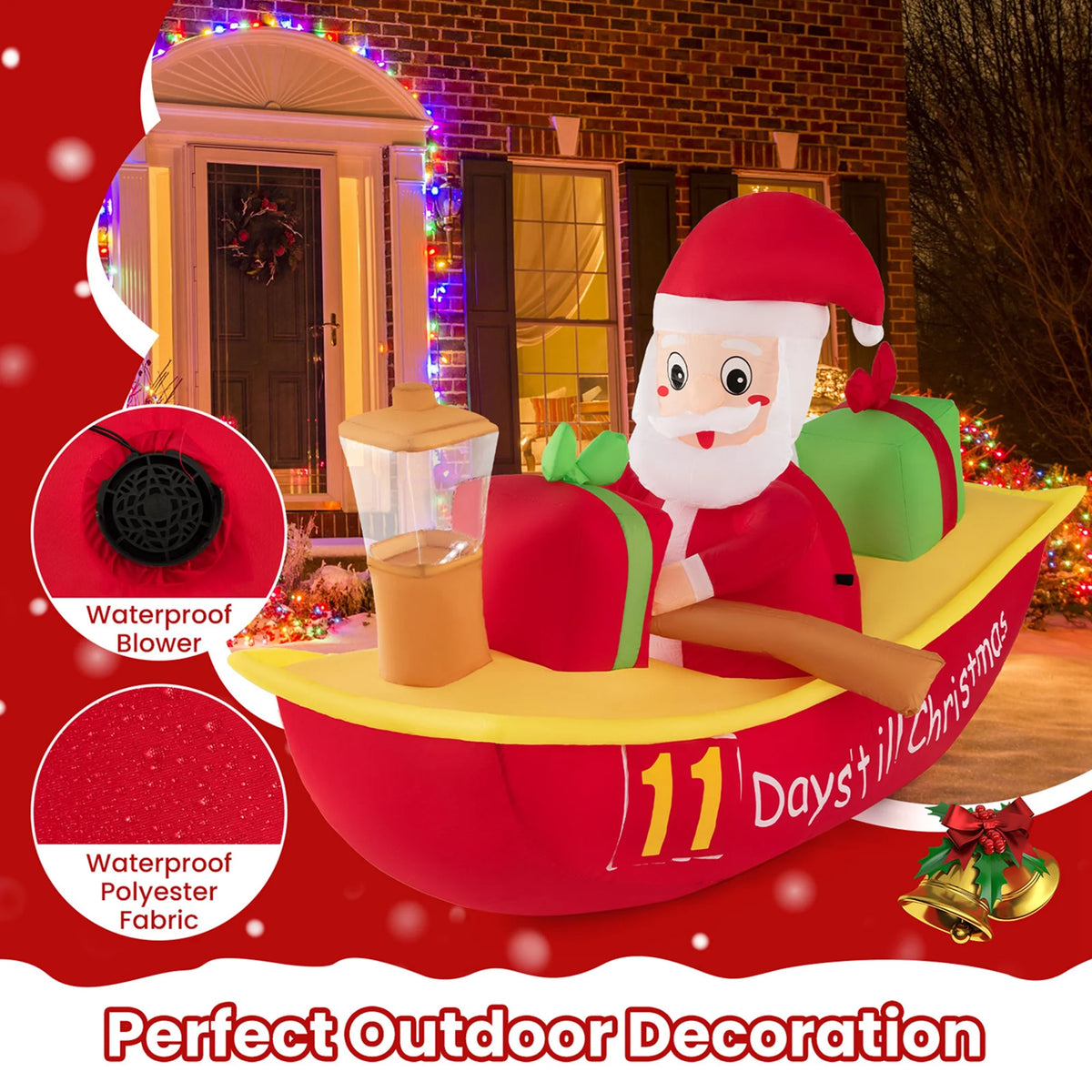 7 FT Christmas Inflatable Santa Claus Rowing Boat with Navigation Light N186860