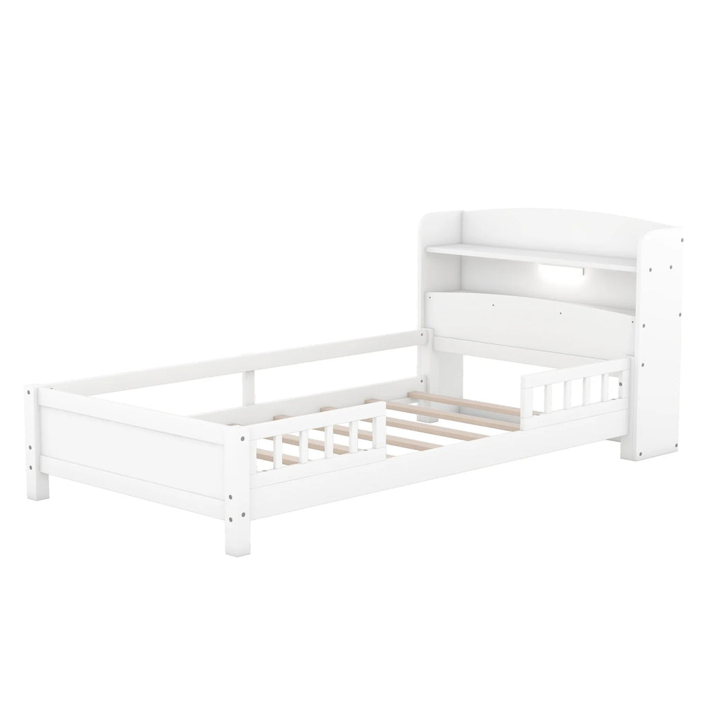 Twin Size Wood Platform Bed with Storage Headboard and Guardrail T152416