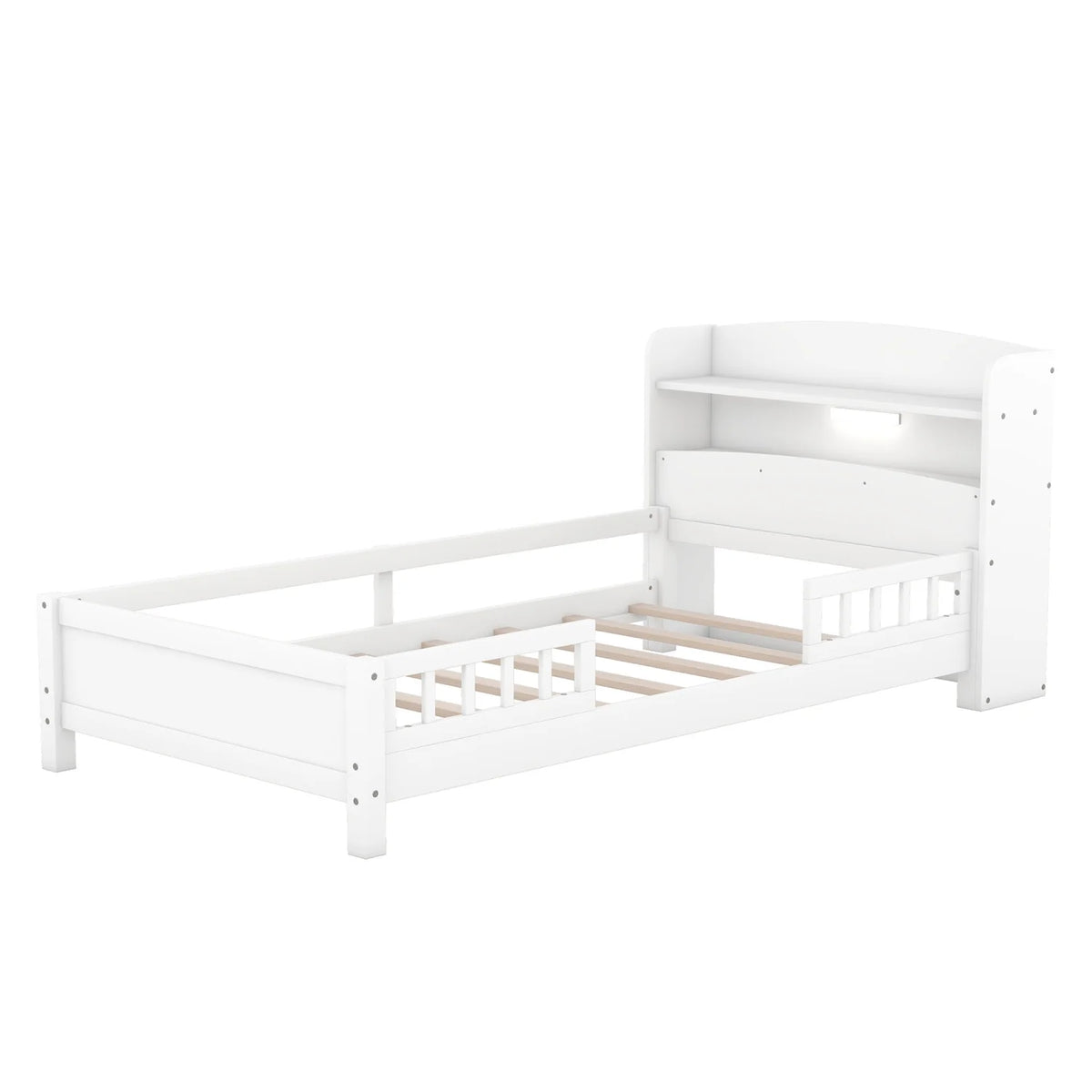 Twin Size Wood Platform Bed with Storage Headboard and Guardrail T152416