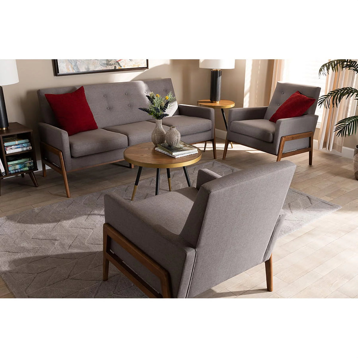 Light Grey Fabric Upholstered Walnut Wood 3-Piece Living Room Set I696