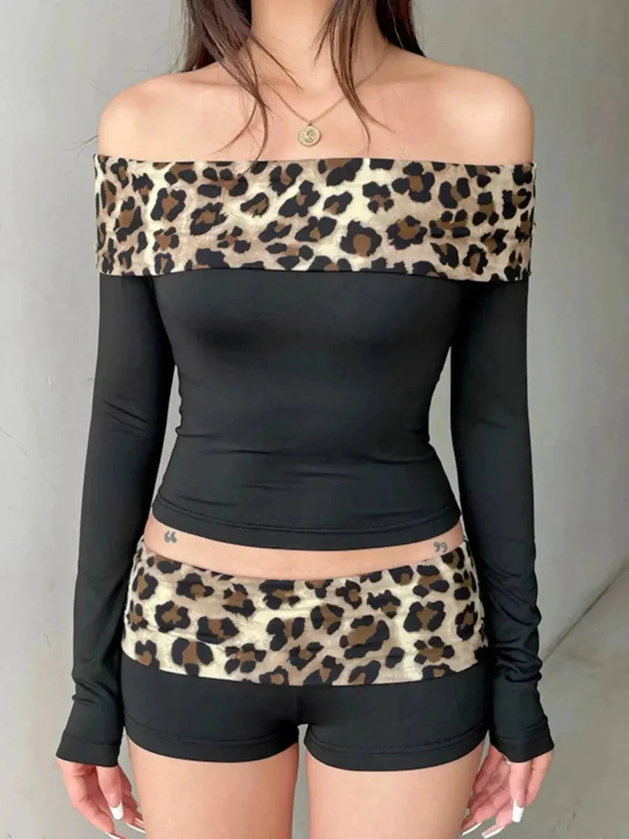 Cheetah Print Off Shoulder 2 Pcs Set C41696