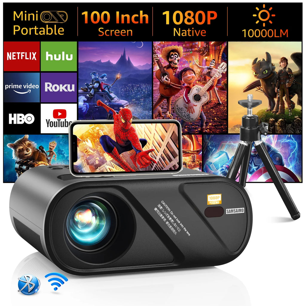 5G Wifi Mini Projector with 100 Projector Screen, Full HD 1080P, Black Q4319