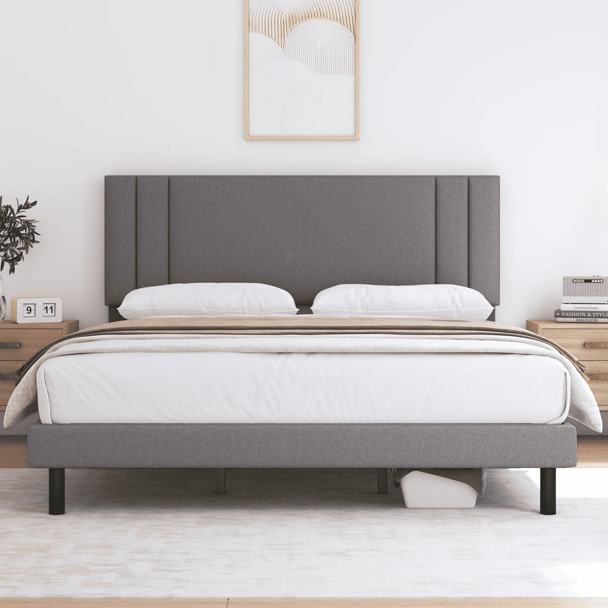 Full Size Platform Bed Frame with Fabric Upholstered Headboard A4696