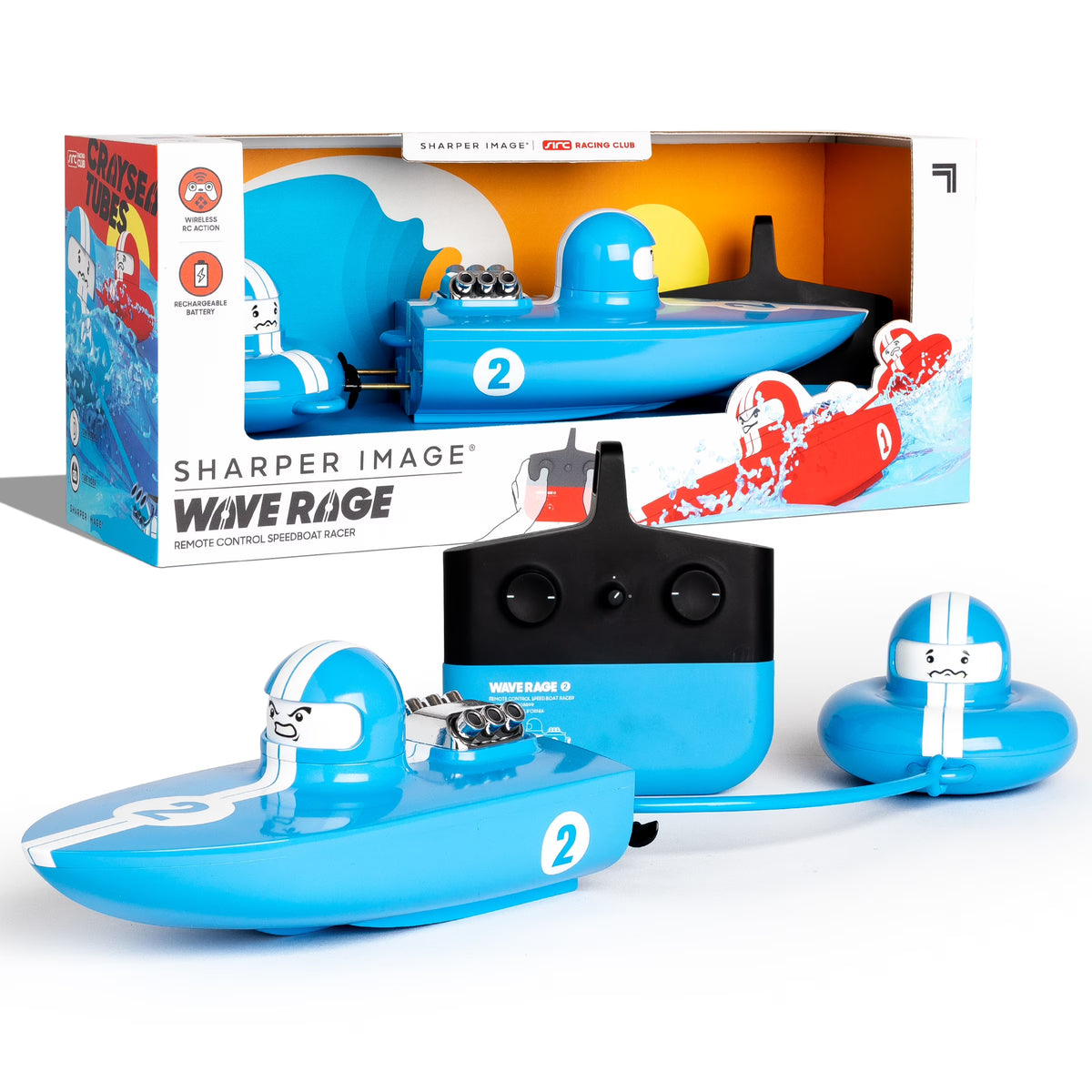 Blue Wireless Rechargeable Bumper Boat with Tow Rider Z661148