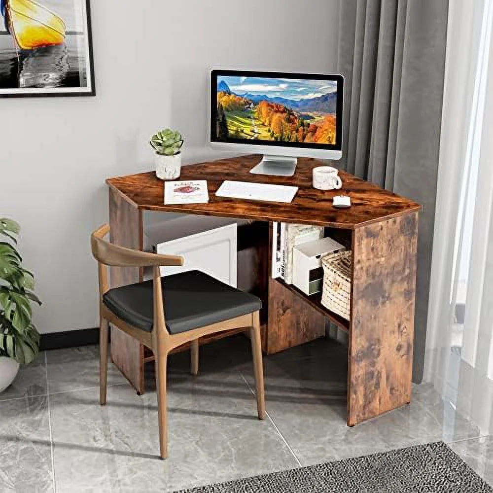 Corner Computer Desk Triangular Writing Desk with 2 Shelves Y49776