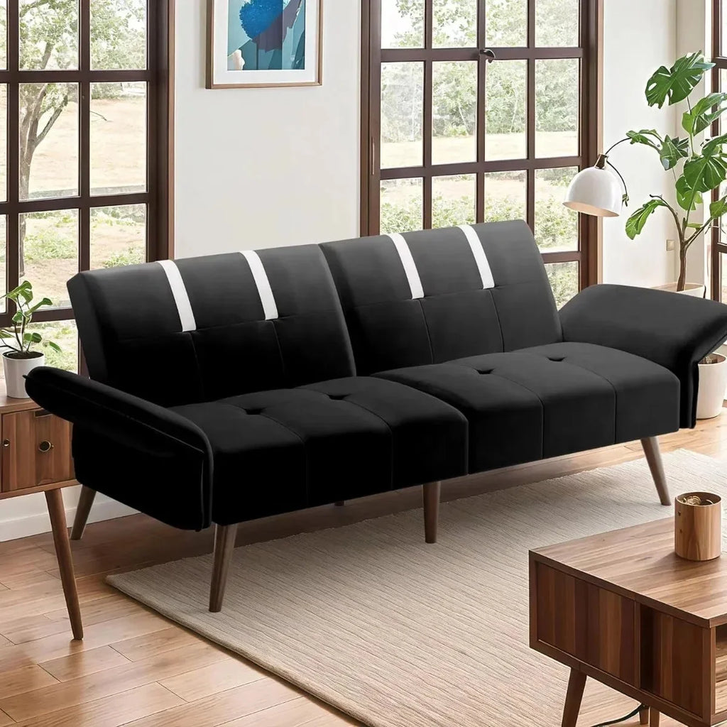Black Velvet Sofa Bed with Adjustable Armrests P299