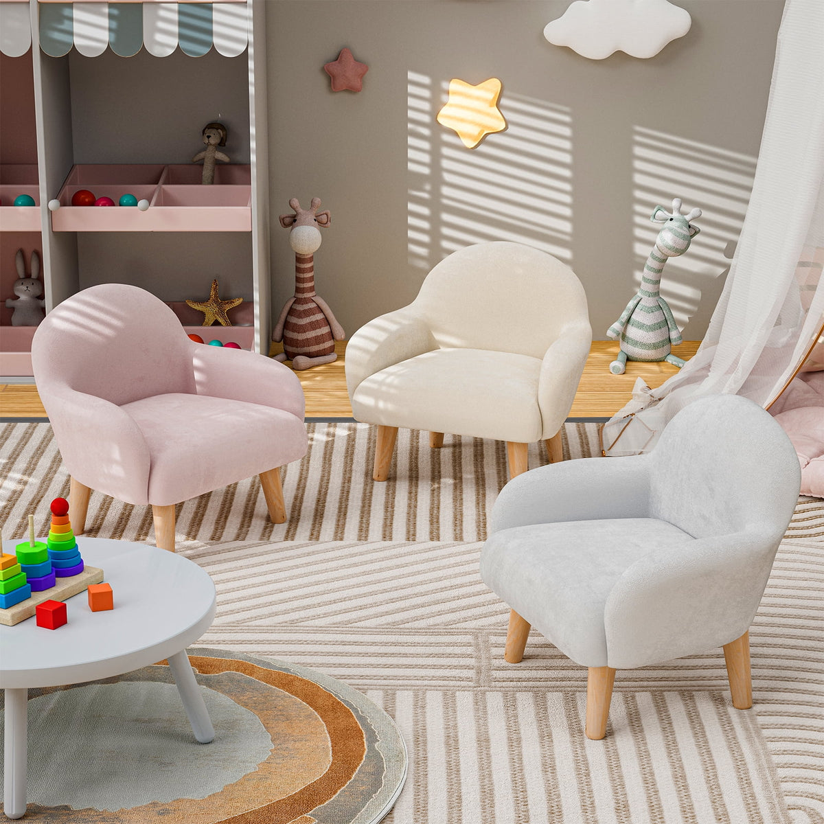 Beige Velvet Kids Armchair with Wooden Legs Z289