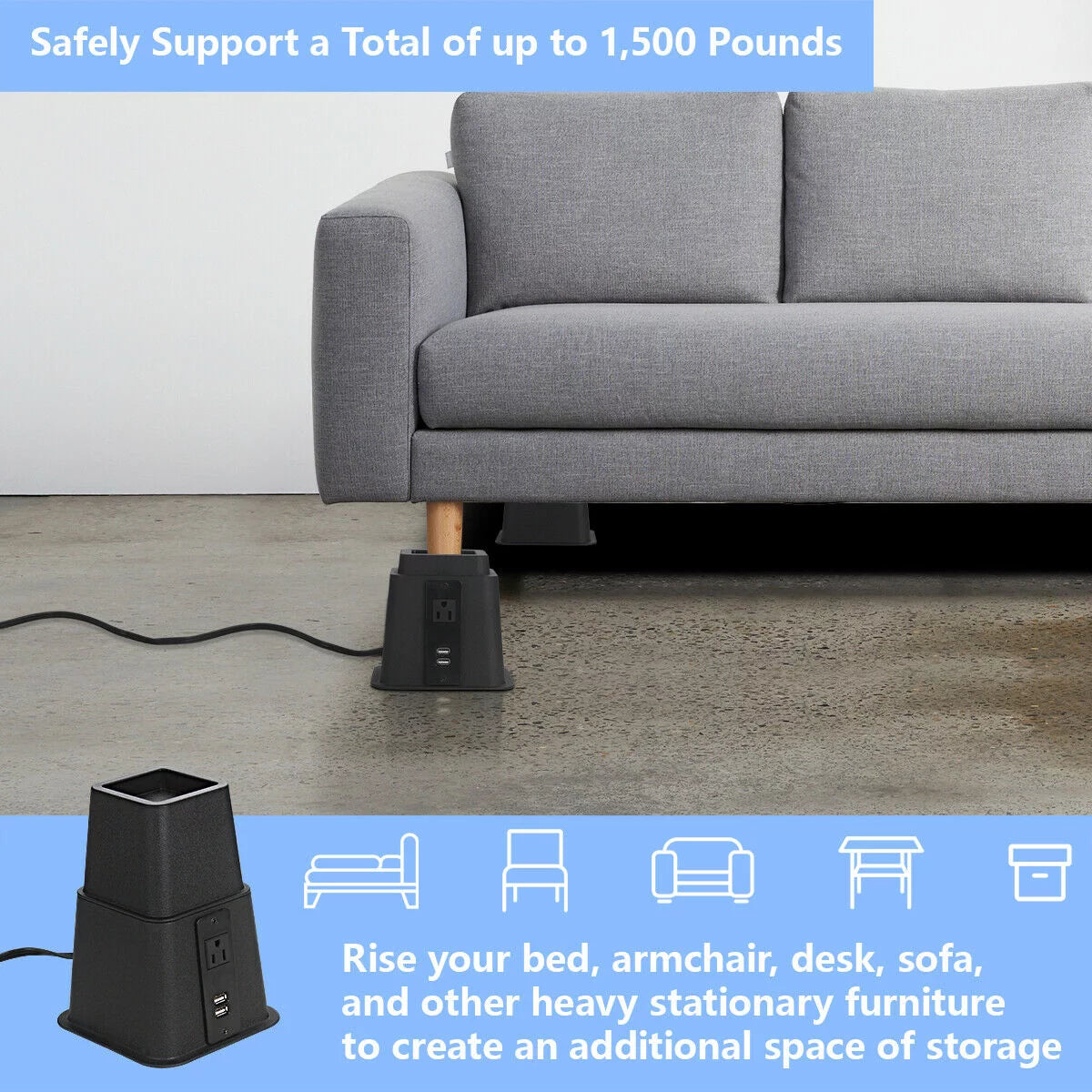 Black Adjustable Bed Riser with Power Outlet and USB Ports Set of 4 B5762