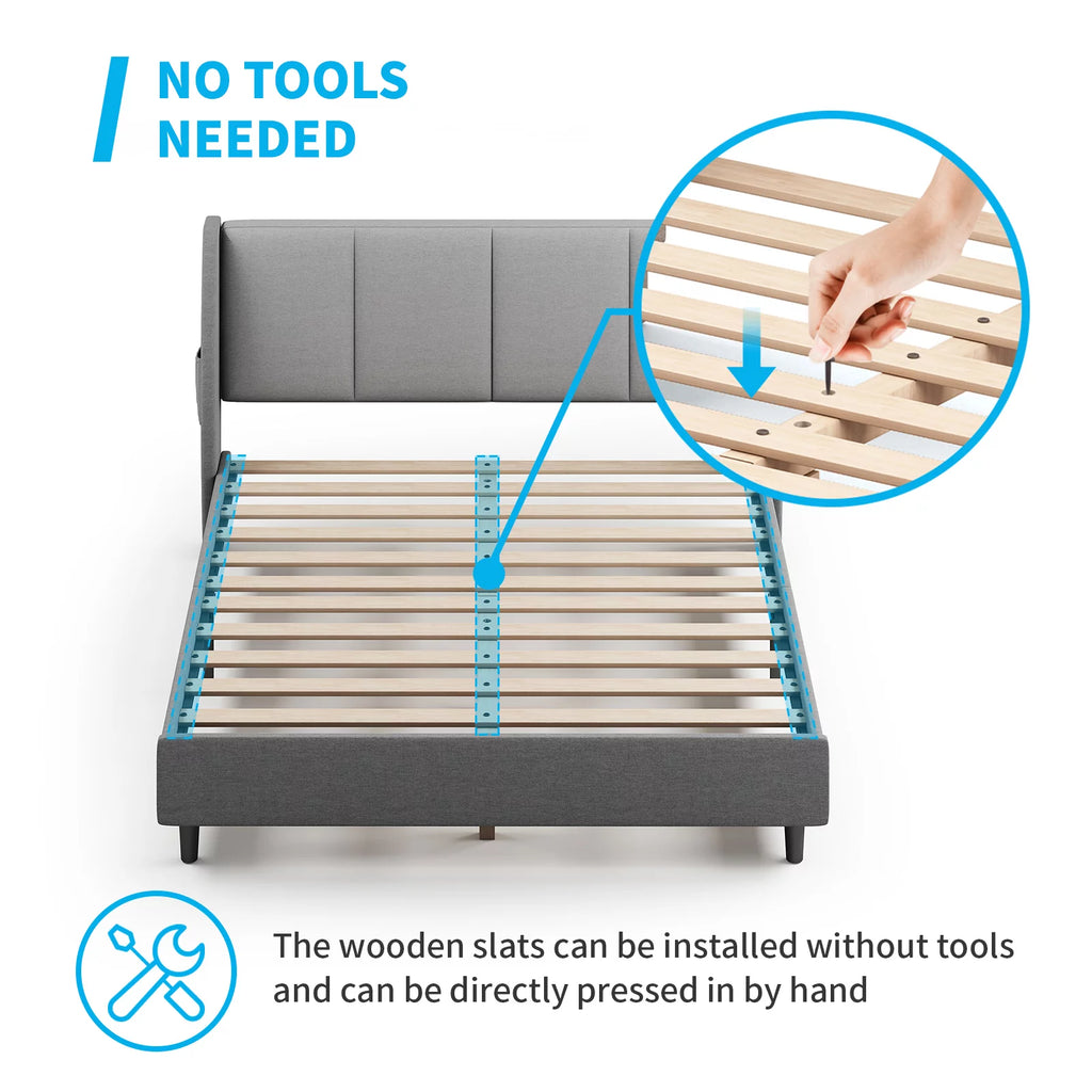 King Size Dark Gray Platform Bed Frame with Side Pockets O608