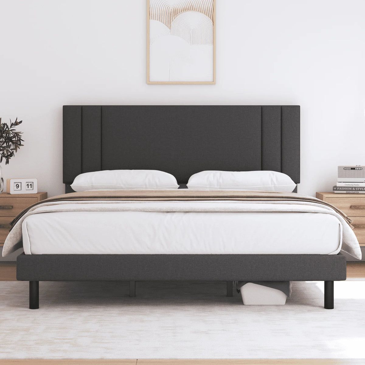 Full Size Platform Bed Frame with Fabric Upholstered Headboard A4696