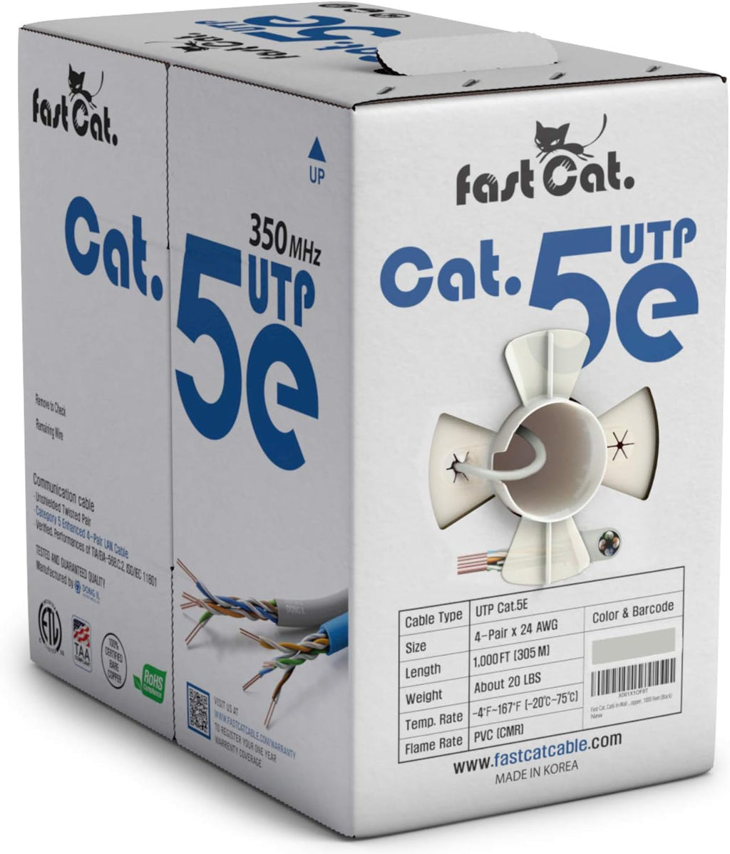 Cat5e Ethernet Cable 1000ft - 24 AWG CMR Insulated Bare Copper Wire UTP LAN Cable S8479