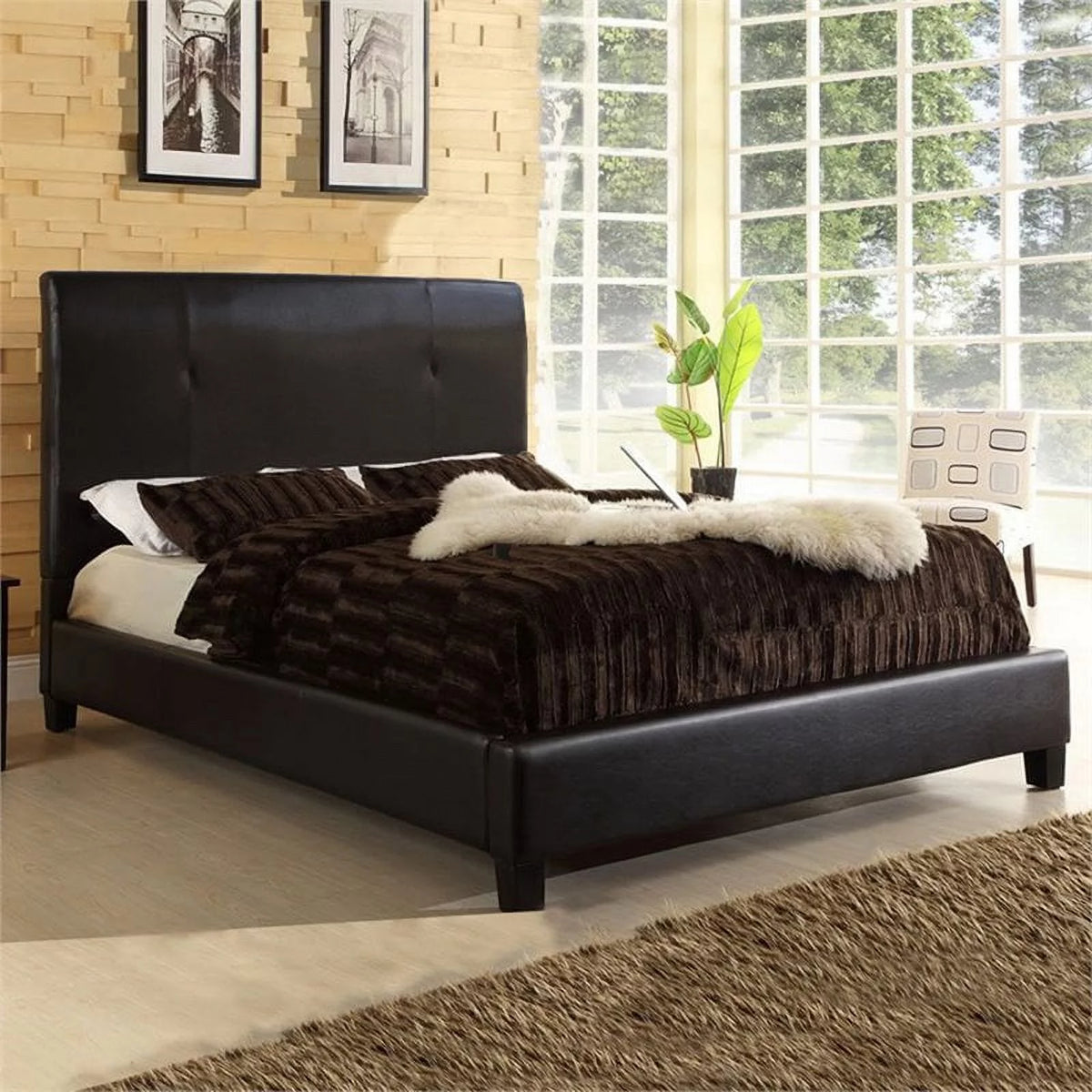 Queen Panel Bed Dark Brown Faux Leather E58483