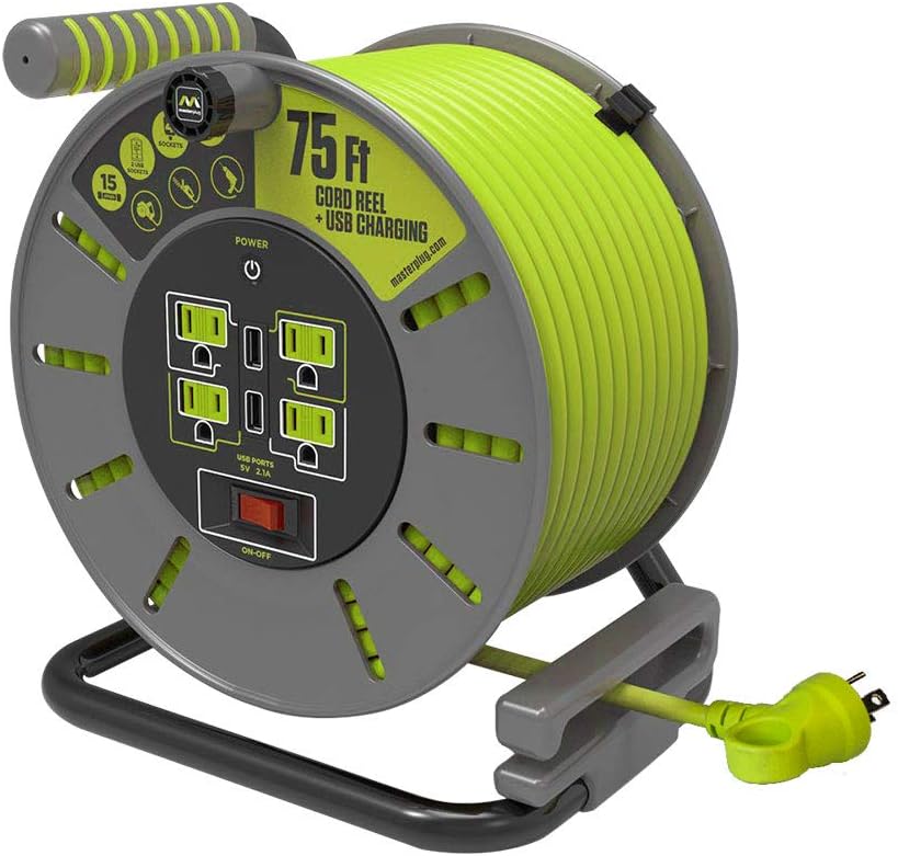 Heavy Duty Metal Cord Reel with 4 Outlets and 12 Gauge Cord (100ft) V567