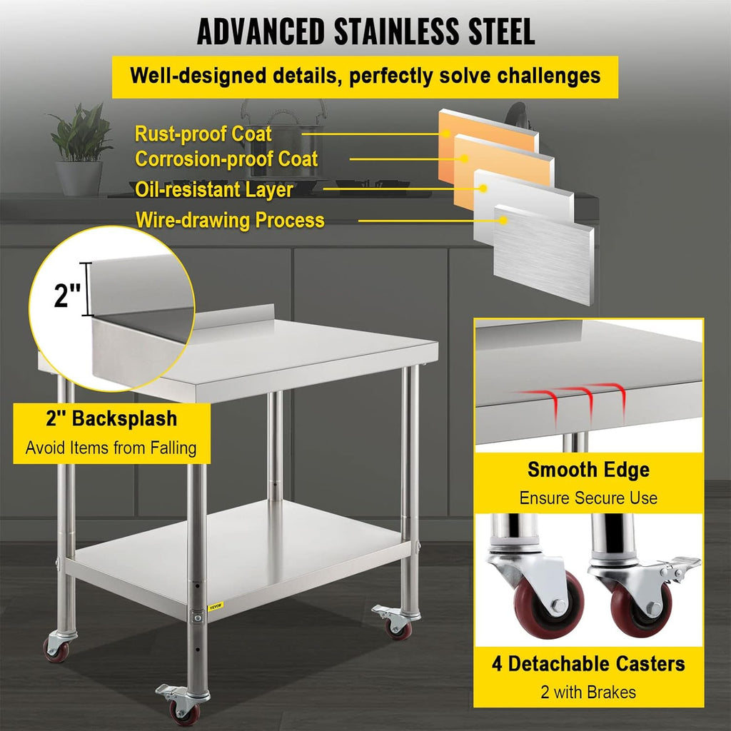 Stainless Steel Prep Table, 30 x 24 x 35 Inch, 440lbs Load Capacity, with Backsplash, Adjustable Undershelf & 4 Casters W632454