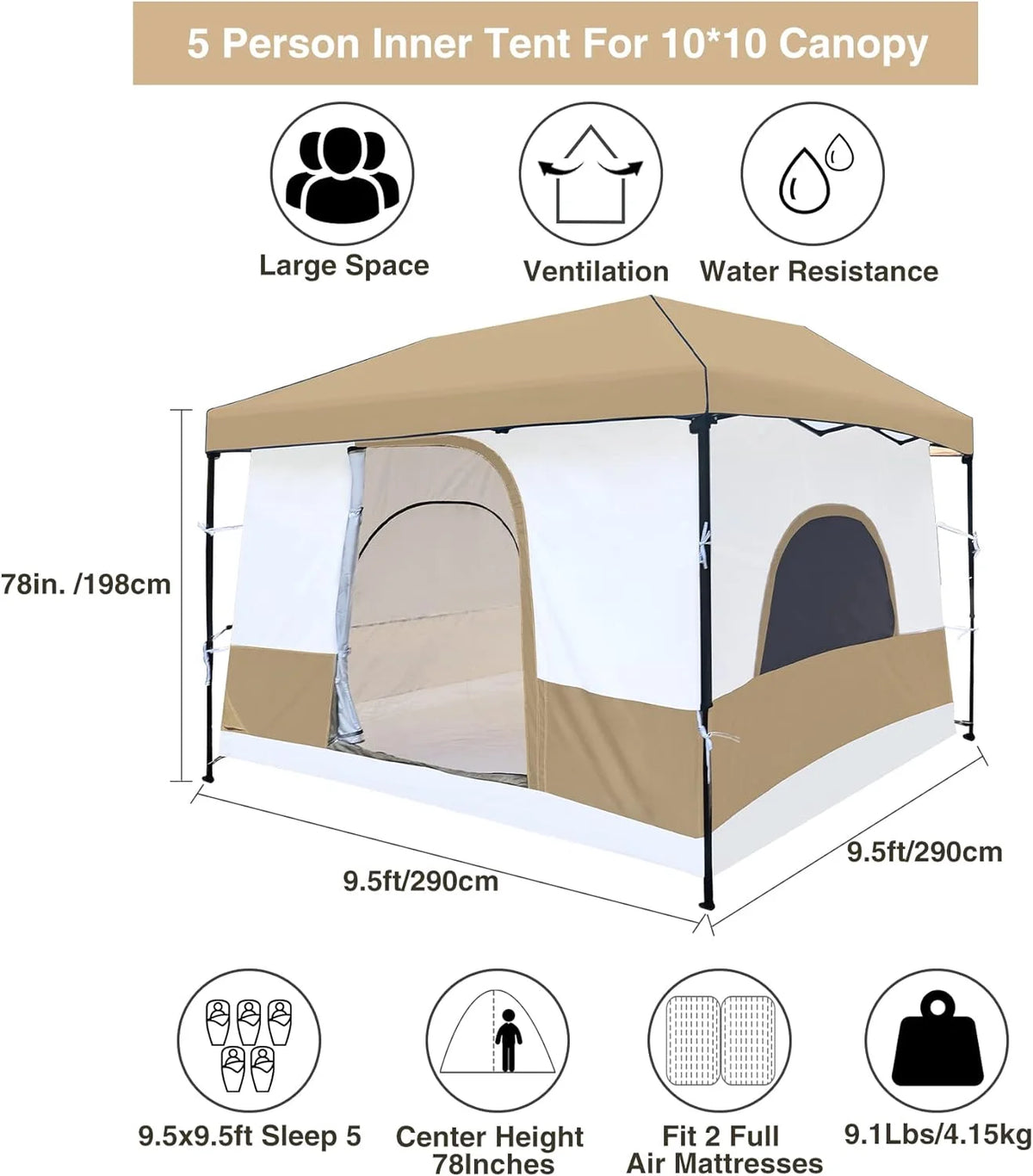 10' x 10' Khaki Camping Inner Tent Square Tent with Full Floor Y887222