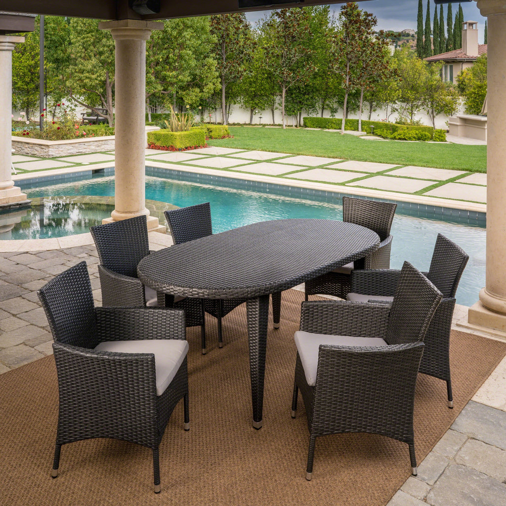 7 Piece Wicker Oval Dining Set with Cushions Z2184